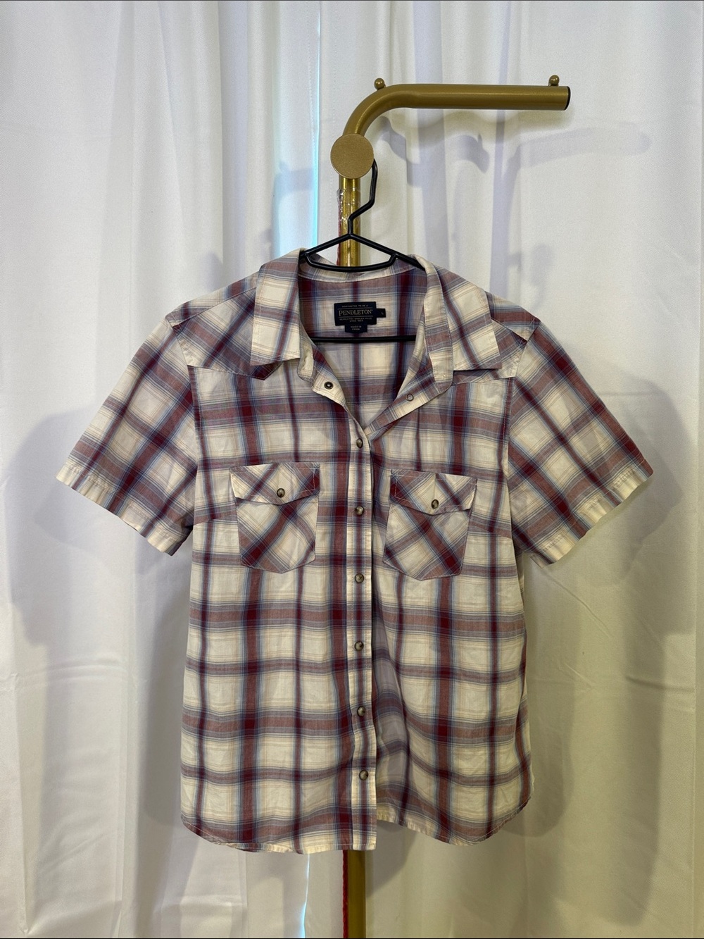 Pendleton Short-Sleeve Plaid Button-Down in White, Red & Blue